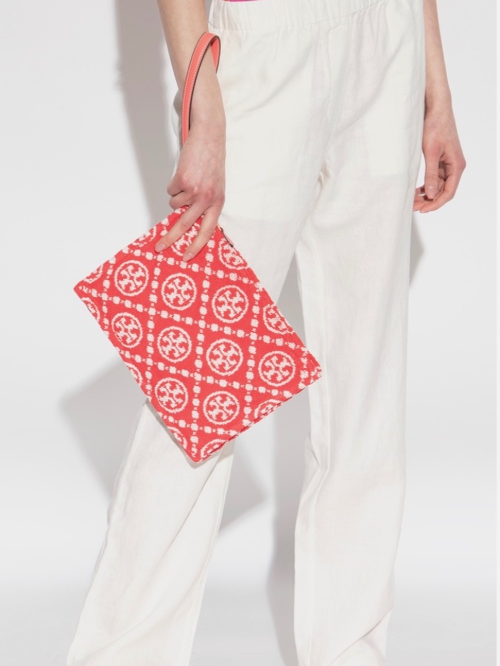 Tory Burch T Monogram Terry Jacquard Wristlet Clutch Pouch Strawberry NWT